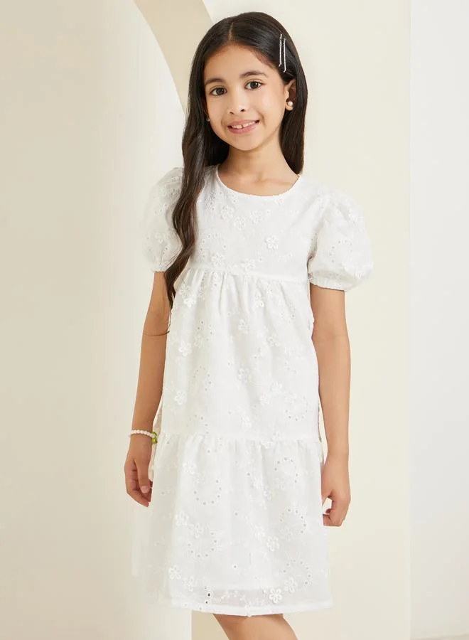 Styli Girls Off-White Floral Puff Sleeve Dress